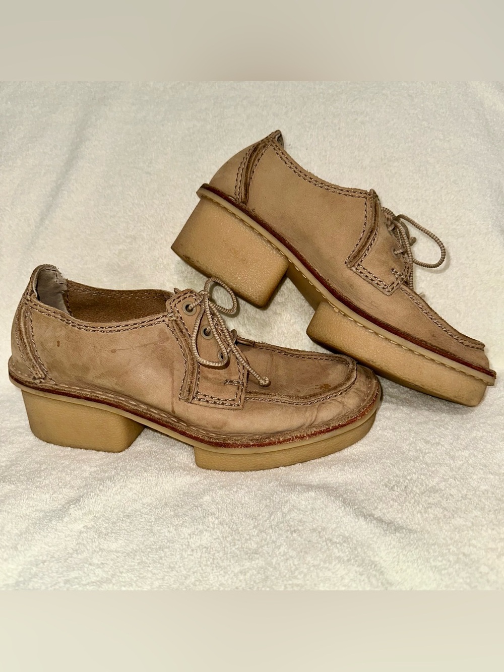 Clarks Tan Leather Moc-Toe Lace-Up Heels
